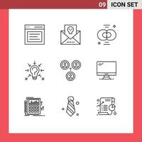 Group of 9 Modern Outlines Set for idea bulb horror division cell Editable Vector Design Elements