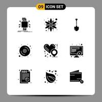 9 User Interface Solid Glyph Pack of modern Signs and Symbols of heart location disk showel data digging Editable Vector Design Elements