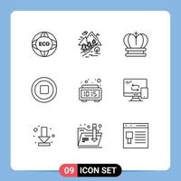 Group of 9 Outlines Signs and Symbols for alarm multimedia mountain media royal Editable Vector Design Elements