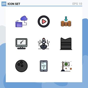 paquete de interfaz de usuario de 9 colores planos básicos de línea de llenado de elementos de diseño de vector editables de computadora de dispositivo de efectivo de lanzamiento