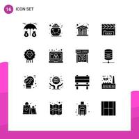 16 User Interface Solid Glyph Pack of modern Signs and Symbols of ram film flap coins clapperboard clapboard Editable Vector Design Elements