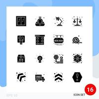 Set of 16 Commercial Solid Glyphs pack for tuch level lamp equality balance Editable Vector Design Elements