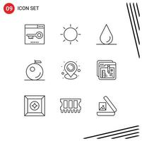 9 User Interface Outline Pack of modern Signs and Symbols of browser map light location fruit Editable Vector Design Elements