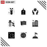 Pack of 9 Modern Solid Glyphs Signs and Symbols for Web Print Media such as contact office guarder business park Editable Vector Design Elements