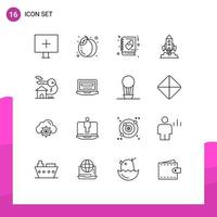 Group of 16 Outlines Signs and Symbols for home launch book startup rocket Editable Vector Design Elements