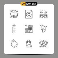 Pack of 9 Modern Outlines Signs and Symbols for Web Print Media such as corporation building glasses tv control Editable Vector Design Elements