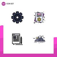 Pack of 4 Modern Filledline Flat Colors Signs and Symbols for Web Print Media such as gear write multimedia female article Editable Vector Design Elements
