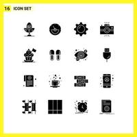 Set of 16 Vector Solid Glyphs on Grid for retro camera energy antique camera makeup Editable Vector Design Elements