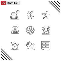 Set of 9 Vector Outlines on Grid for reel film coin well farm Editable Vector Design Elements