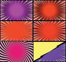 Comic book colorful frames background with halftone rays radial and dotted effects pop art style vector