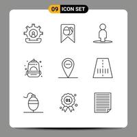 Mobile Interface Outline Set of 9 Pictograms of road minus avatar school bag Editable Vector Design Elements