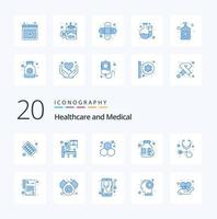 Paquete de 20 iconos de color azul médico como estetoscopio diagnóstico química píldoras drogas vector