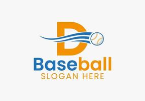 concepto de logotipo de béisbol letra d con plantilla de icono de béisbol en movimiento vector