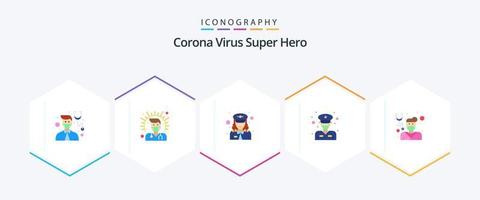 corona virus super hero 25 paquete de iconos planos que incluye cuidado. salud. policía. médico. policía de tráfico vector