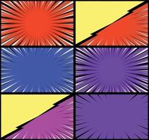 Comic book colorful frames background with halftone rays radial and dotted effects pop art style vector