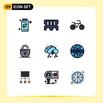 conjunto de 9 colores planos de línea de llenado vectorial en la cuadrícula para vehículos de lluvia ligera soltar elementos de diseño vectorial editables de Internet vector