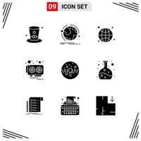 Set of 9 Commercial Solid Glyphs pack for dessert video network hardware live Editable Vector Design Elements