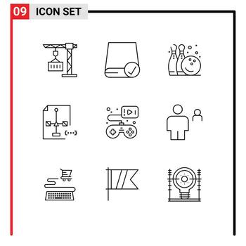 conjunto de pictogramas de 9 contornos simples de gadget de desarrollo de archivos desarrollar reproducir elementos de diseño vectorial editables vector