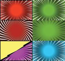 Comic book colorful frames background with halftone rays radial and dotted effects pop art style vector