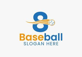 concepto de logotipo de béisbol letra 8 con plantilla de icono de béisbol en movimiento vector