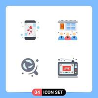 Mobile Interface Flat Icon Set of 4 Pictograms of heart research smart phone training broadcast Editable Vector Design Elements