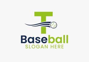 concepto de logotipo de béisbol letra t con plantilla de icono de béisbol en movimiento vector