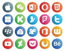 Paquete de 20 íconos de redes sociales que incluye youtube office msn viddler blackberry vector