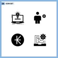 Group of 4 Solid Glyphs Signs and Symbols for laptop human bulb body kip Editable Vector Design Elements