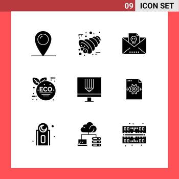User Interface Pack of 9 Basic Solid Glyphs of design coding dead green leaf eco green Editable Vector Design Elements