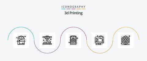 Paquete de iconos de línea de impresión 3D 5 que incluye gadget. 3d. cubo. impresión. monitor vector