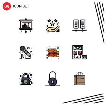 9 símbolos de signos de color plano de línea de relleno universal del centro de construcción de la aplicación micrófono de ladrillo elementos de diseño vectorial editables vector