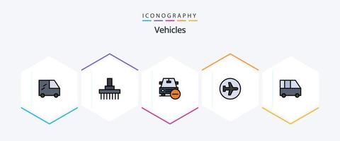 Vehicles 25 FilledLine icon pack including delivery van. flying. delete. airport. aero plane vector