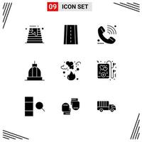 Pack of 9 Modern Solid Glyphs Signs and Symbols for Web Print Media such as burn capitol support building architecture Editable Vector Design Elements