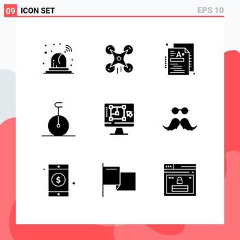 9 conjunto de glifos sólidos universales para aplicaciones web y móviles que mejoran la disminución de los elementos de diseño de vectores editables de un monociclo de computadora