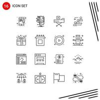 Pack of 16 Modern Outlines Signs and Symbols for Web Print Media such as promotion employee bed advancement health Editable Vector Design Elements