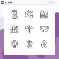 Group of 9 Modern Outlines Set for medicine management hotline finance down Editable Vector Design Elements