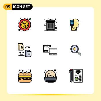 9 símbolos de signos de color plano de línea de relleno universal de archivos de documentos conectados de filam de video elementos de diseño de vectores editables