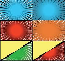 Comic book colorful frames background with halftone rays radial and dotted effects pop art style vector