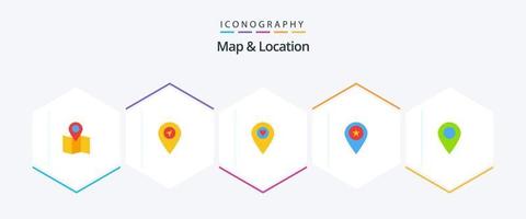 mapa y ubicación 25 paquete de iconos planos que incluye . alfiler. localización. marcador. localización vector