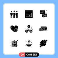 9 Universal Solid Glyph Signs Symbols of free heart bubble switch shutdown Editable Vector Design Elements