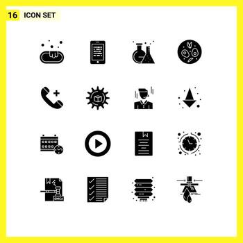 Interfaz de usuario de 16 paquetes de glifos sólidos de signos y símbolos modernos de elementos de diseño de vectores editables de ensalada de bebida de matraz de llamada de hospital