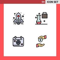 Pack of 4 Modern Filledline Flat Colors Signs and Symbols for Web Print Media such as rocket calendar launch science education day Editable Vector Design Elements