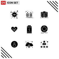 Pack of 9 creative Solid Glyphs of power battery bag pulse heart Editable Vector Design Elements