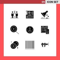 9 Thematic Vector Solid Glyphs and Editable Symbols of target in mainboard test tube lab glassware Editable Vector Design Elements