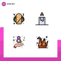 Mobile Interface Filledline Flat Color Set of 4 Pictograms of burrito hobbies candle eight paper Editable Vector Design Elements