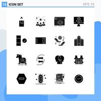 Pack of 16 creative Solid Glyphs of data check coding egg screen Editable Vector Design Elements