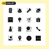 Pack of 16 Modern Solid Glyphs Signs and Symbols for Web Print Media such as treasure chest camping message chat Editable Vector Design Elements