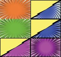 Comic book colorful frames background with halftone rays radial and dotted effects pop art style vector