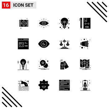 Set of 16 Vector Solid Glyphs on Grid for eye develop big idea css code Editable Vector Design Elements