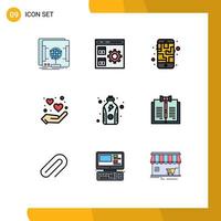 User Interface Pack of 9 Basic Filledline Flat Colors of diet love management hand route Editable Vector Design Elements